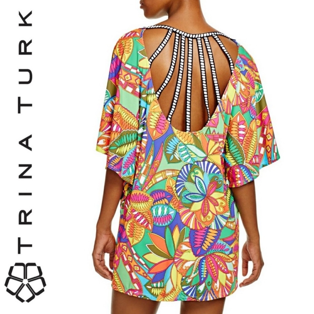 Trina Turk Montezuma Beach Coverup Tunic Dress M Boho Floral Print Cut Out Back - Picture 4 of 16